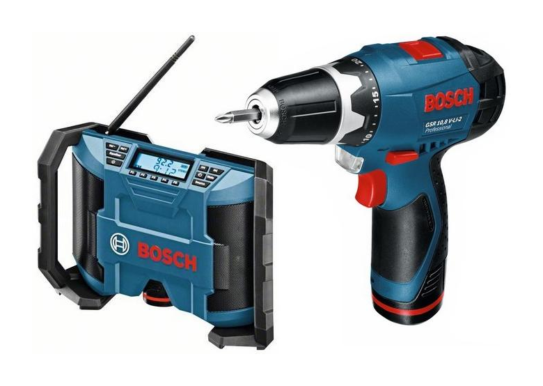 Wiertarko wkrętarka 10,8V + radio budowlane Bosch GML 10,8 V-LI + GSR 10,8-2-LI