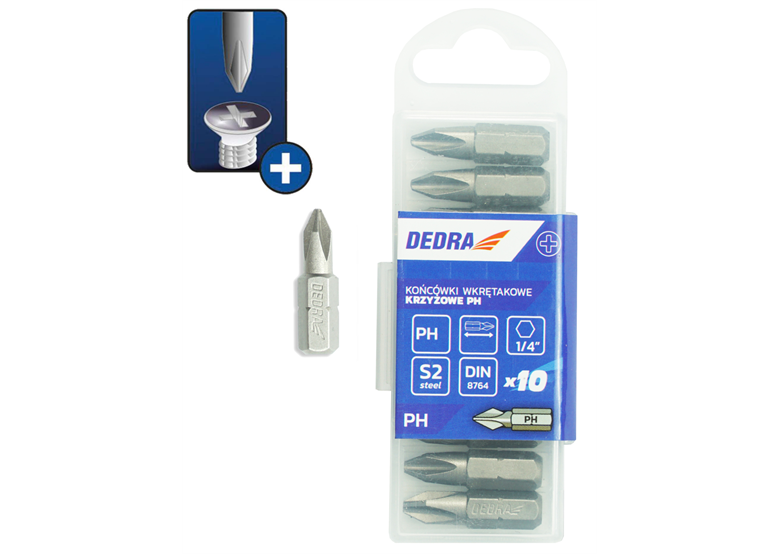 Końcówki wkrętakowe Phillips PH1x25mm, 10szt pudełko plast Dedra 18A02PH10-10