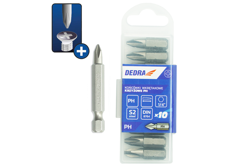 Końcówki wkrętakowe Phillips PH2x50mm, 10szt pudełko plast Dedra 18A06PH21-10