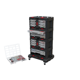 4x Skrzynka z 3 organizerami Keter Stack'N'Roll + Platforma mobilna Keter Stack'N'Roll 263012