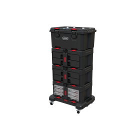 Skrzynka narzędziowa Toolbox Keter Stack'N'Roll + Skrzynka z 3 organizerami Keter Stack'N'Roll + 2x Skrzynka z 2 szufladami Keter Stack'N'Roll + Platforma mobilna Keter Stack'N'Roll 263012