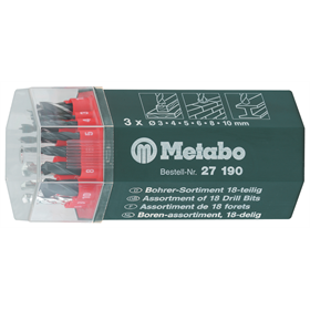 Wiertła w okrągłym pudełku (18 szt,) metal-kamień-drewno (6x3-4-5-6-8-10 mm) Metabo 627190000