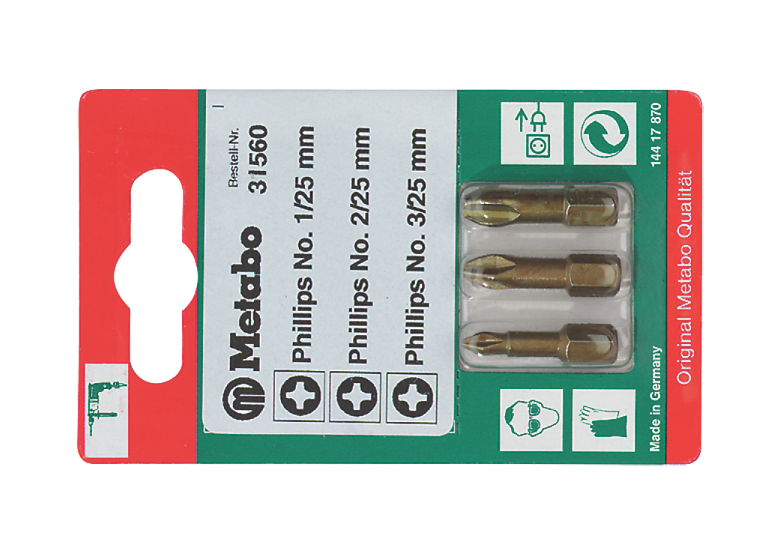 Zestaw końcówek wkrętakowych Phillips rozmiary 1, 2, 3 op,: 3 szt, Metabo 631560000