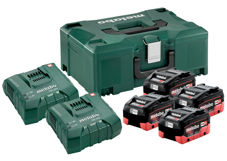 Zestaw 4 akumulatorów 18V LiHD 8.0Ah i 2 ładowarek ASC Ultra w MetaLoc Metabo 685135000