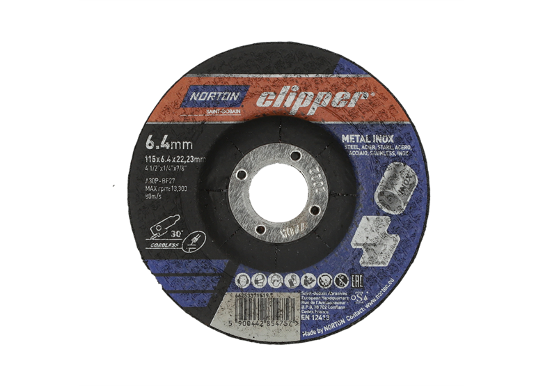 Tarcza do szlifowania metalu/inox 115x6,4 mm Norton A30P-115x6.4x22.23-T27 NOR-Clipper