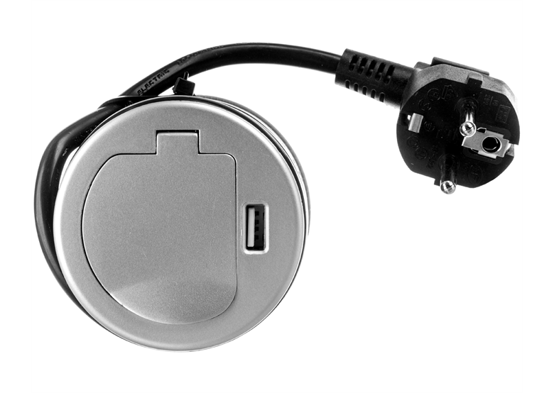 Gniazdo meblowe wpuszczane w blat 1x250V AC z pokrywką, ładowarką USB i przewodem 1,8m Orno OR-AE-1373