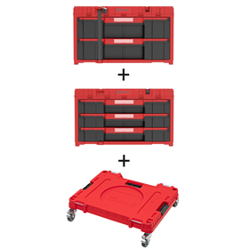 Skrzynka z szufladami Qbrick System ONE 2.0 DRAWER 2 TOOLBOX RED Ultra HD Custom + Skrzynka z szufladami Qbrick System ONE 2.0 DRAWER 3 TOOLBOX EXPERT RED Ultra HD Custom + Platforma mobilna Qbrick System ONE 2.0 Transport Platform Workshop Red Ultra HD