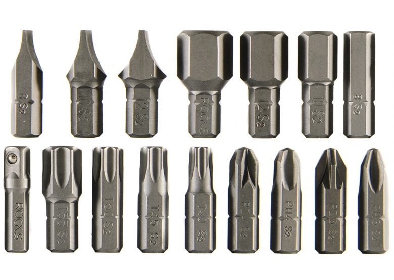 Bity 8mm: Hex, PH, SL, PZ, Torx z adapterem 1/4" (16szt) Rooks 01.4801