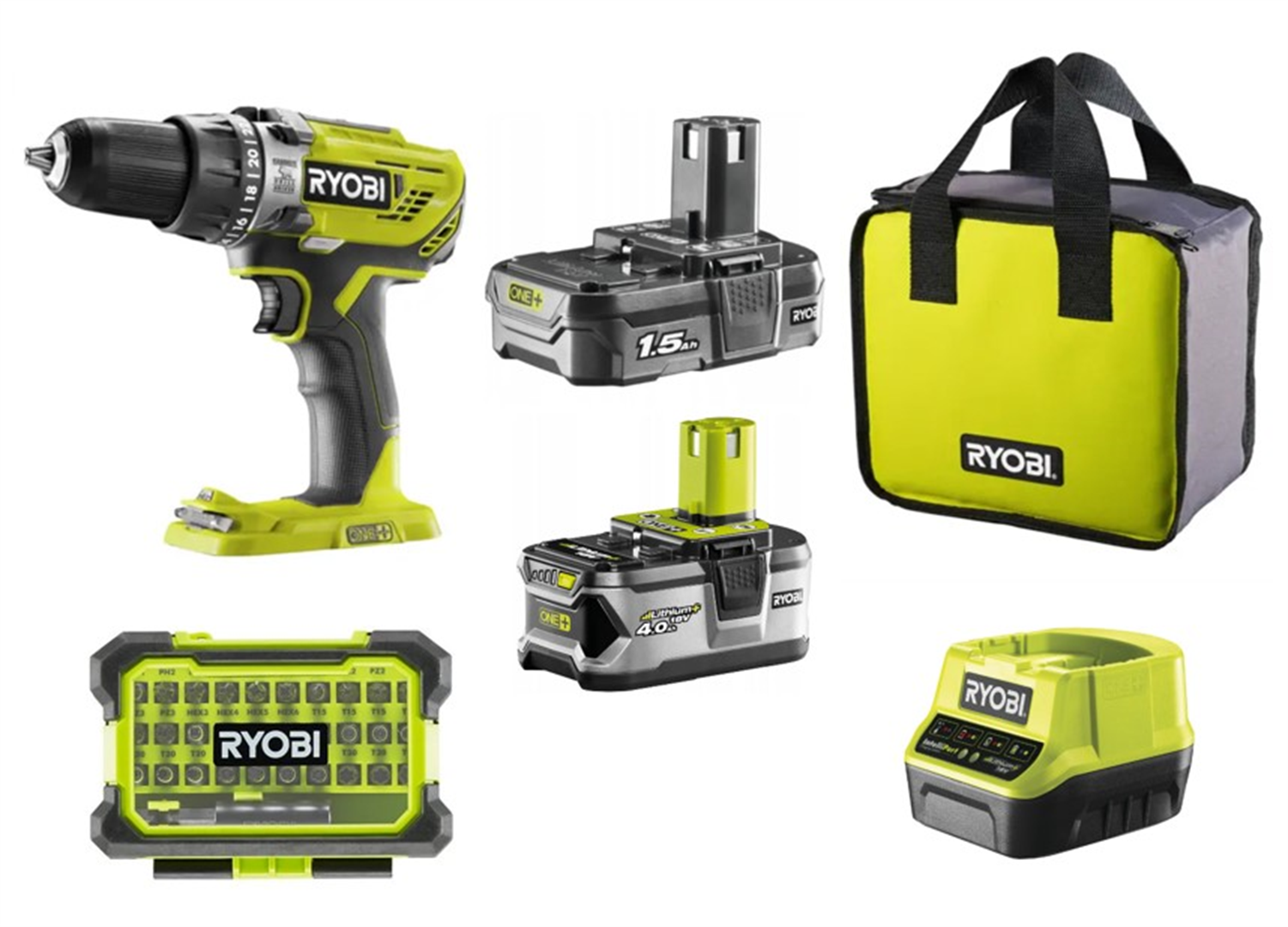 りり Wiertarko-wkrętarka Ryobi ONE+ R18DD3-2415BSA31 1x1,5Ah, 1x4