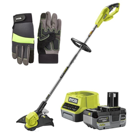 Podkaszarka akumulatorowa Ryobi ONE+ RY18LT33B-0 + Zestaw startowy 18V: Akumulator 1x4,0Ah RB18L40 + ładowarka RC18120 Ryobi ONE+ RC18120-140X + Rękawice ogrodowe Power roz. L Ryobi RAC811L