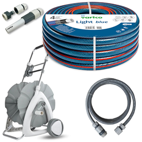Wąż ogrodowy 1/2" 20 m 4-warstwowy Vartco LIGHT BLUE 1008120020 + Zestaw ze zraszaczem prostym 1/2" - 5/8" 4cz. Vartco LL01-014 + Wózek na wąż ogrodowy 1/2" 45 m Vartco LL01-018 + Zestaw przyłączeniowy 1/2" 2 m SILVER TFS Vartco LL01-019