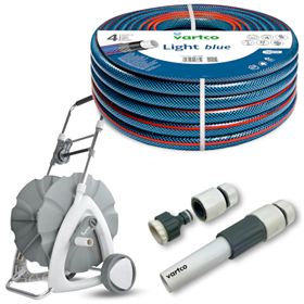 Wąż ogrodowy 1/2" 30m 4-warstwowy Vartco LIGHT BLUE 1008120030 + Wózek na wąż ogrodowy 1/2" 45 m Vartco LL01-018 + Zestaw ze zraszaczem prostym 1/2" - 5/8" 4cz. Vartco LL01-014
