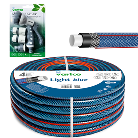 Wąż ogrodowy 1/2" 50 m 4-warstwowy Vartco LIGHT BLUE 1008120050 + Zestaw ze zraszaczem pistoletowym 7-funkcyjny 1/2" - 5/8" 4 cz. Vartco LL01-021