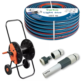 Wąż ogrodowy 1/2" 50 m 4-warstwowy Vartco LIGHT BLUE 1008120050 + Wózek na wąż ogrodowy 1/2'' 60m Neo 15-793 + Zestaw ze zraszaczem prostym 1/2" - 5/8" 4cz. Vartco LL01-014