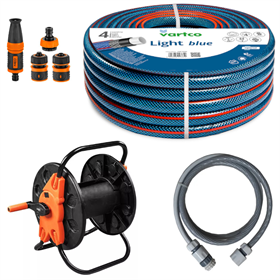 Wąż ogrodowy 1/2" 50 m 4-warstwowy Vartco LIGHT BLUE 1008120050 + Stojak na wąż ogrodowy 1/2" 60m Neo 15-791 + Zestaw ze zraszaczem prostym 1/2" - 5/8" 4cz. Neo 15-710 + Zestaw przyłączeniowy 1/2" 2 m SILVER TFS Vartco LL01-019