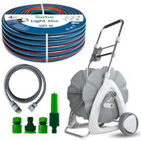 Wąż ogrodowy 1/2" 50 m 4-warstwowy Vartco LIGHT BLUE 1008120050 + Wózek na wąż ogrodowy 1/2" 45 m Vartco LL01-018 + Zestaw ze zraszaczem prostym 1/2" - 5/8" 4cz. Verto 15G699 + Zestaw przyłączeniowy 1/2" 2 m SILVER TFS Vartco LL01-019