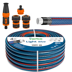 Wąż ogrodowy 3/4" 20 m 4-warstwowy Vartco LIGHT BLUE 1008340020 + Zestaw ze zraszaczem prostym 3/4" 4 cz. Neo 15-711