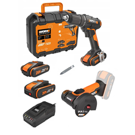 Wiertarko-wkrętarka Worx WX108 + Miniszlifierka kątowa Worx WX801.9 + Akumulator 20V 2,0Ah Worx Power Share WA3639_P