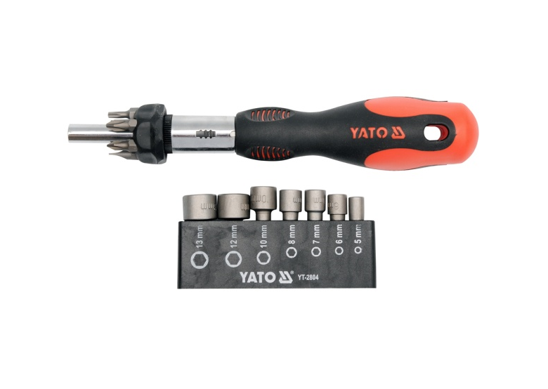 Wkrętak z grzechotką, bitami i nasadkami 14 części Yato YT-2804